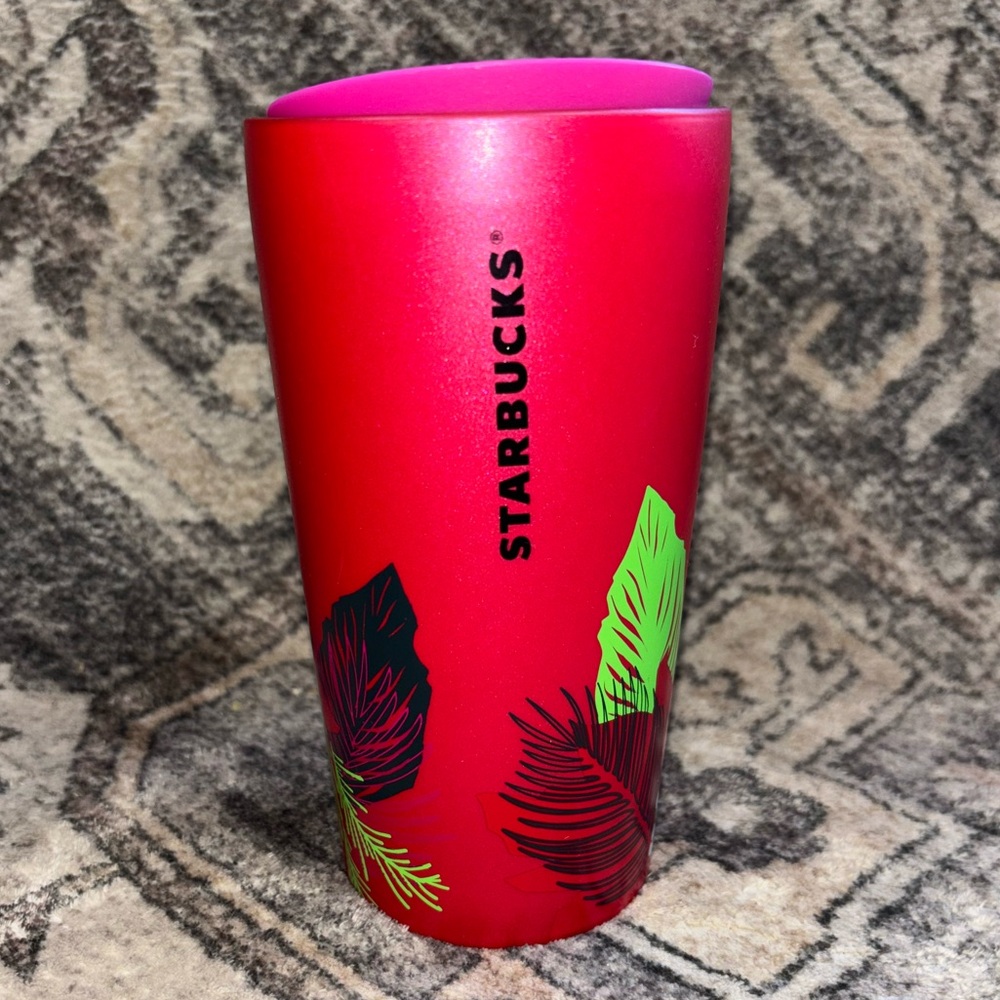 Starbucks Poinsettia Holiday Green Hot Pink Ceramic Tumbler Mug 12 oz.